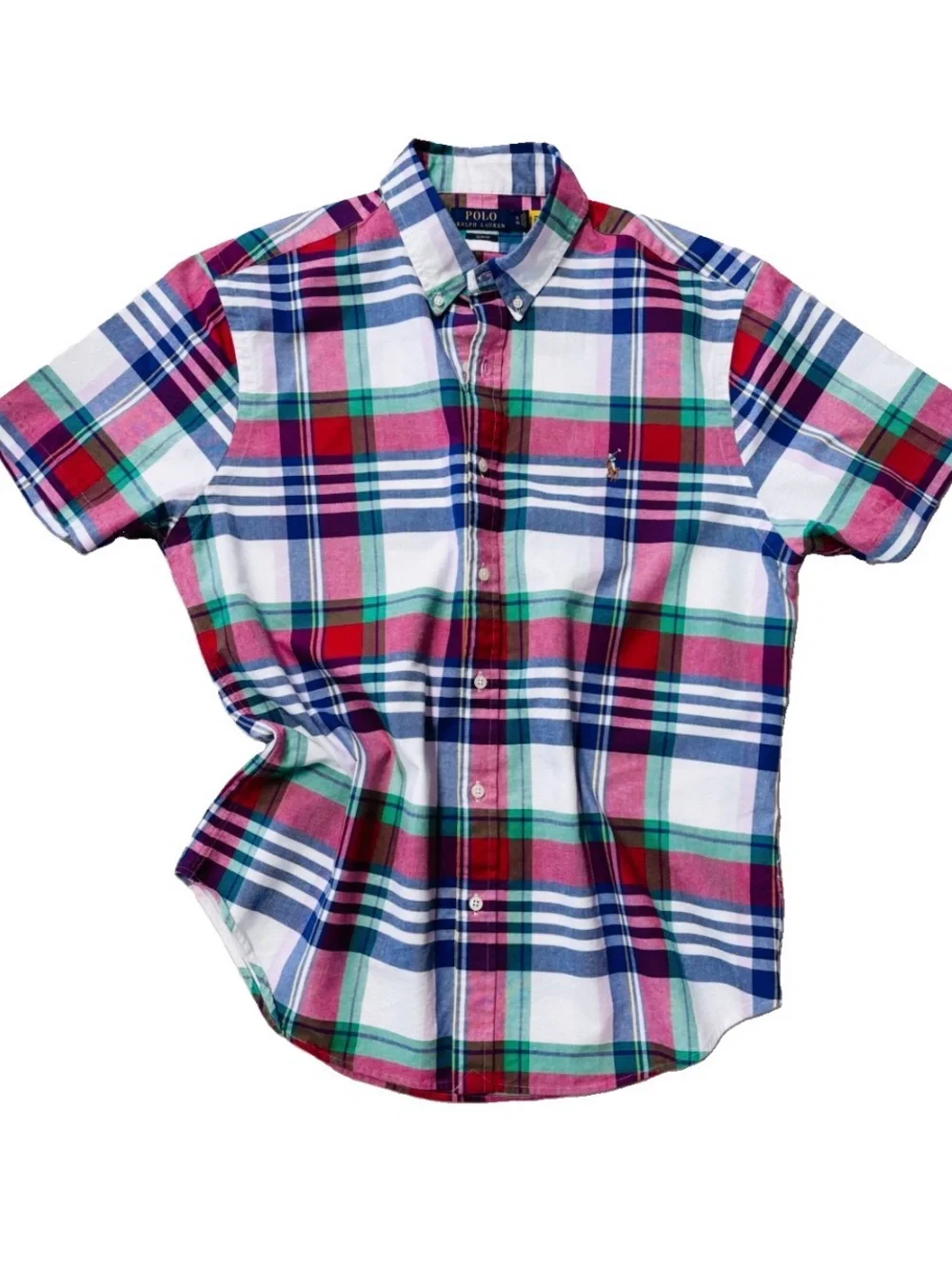 Polo Ralph Lauren Oxford Short Sleeve Plaid Slim Fit Button Down Sz XL